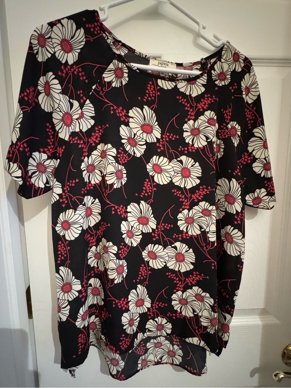 Papaya Black Floral Short-Sleeve Tunic with Ivory and Pink Accents
